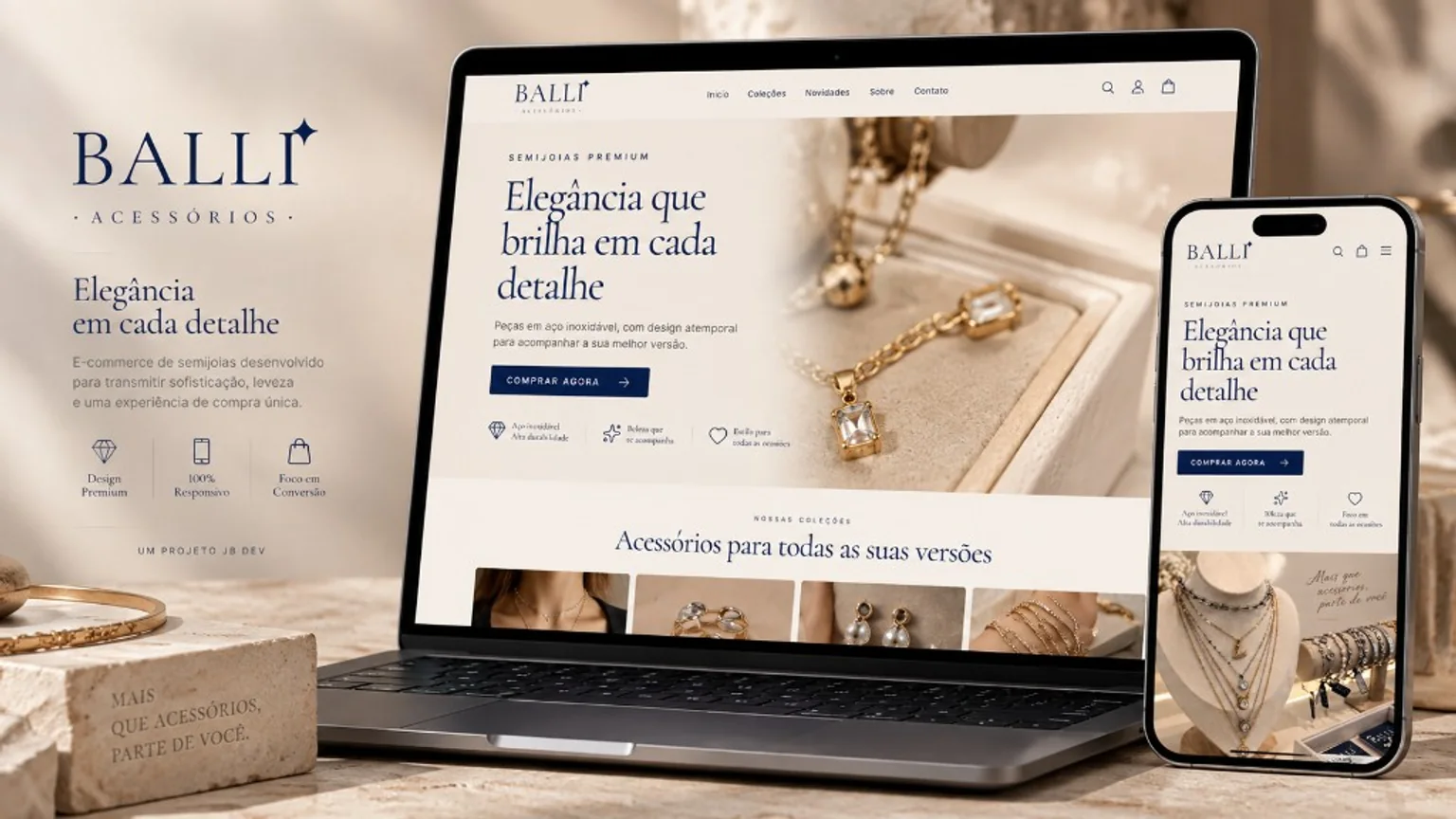 Apresentação responsiva do e-commerce BALLI Acessórios em notebook e celular