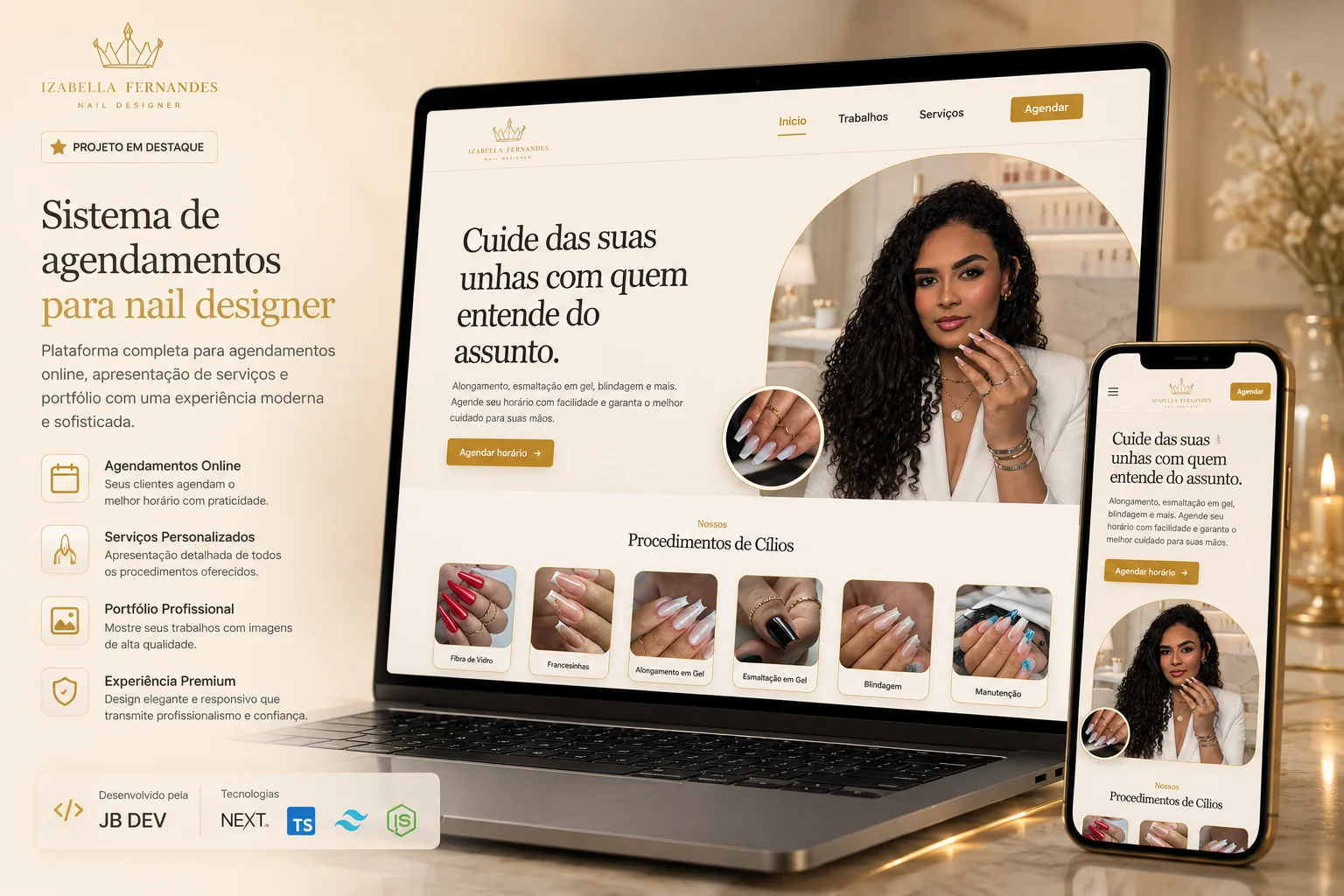 Apresentação responsiva do sistema Izabella Nail Designer em notebook e celular
