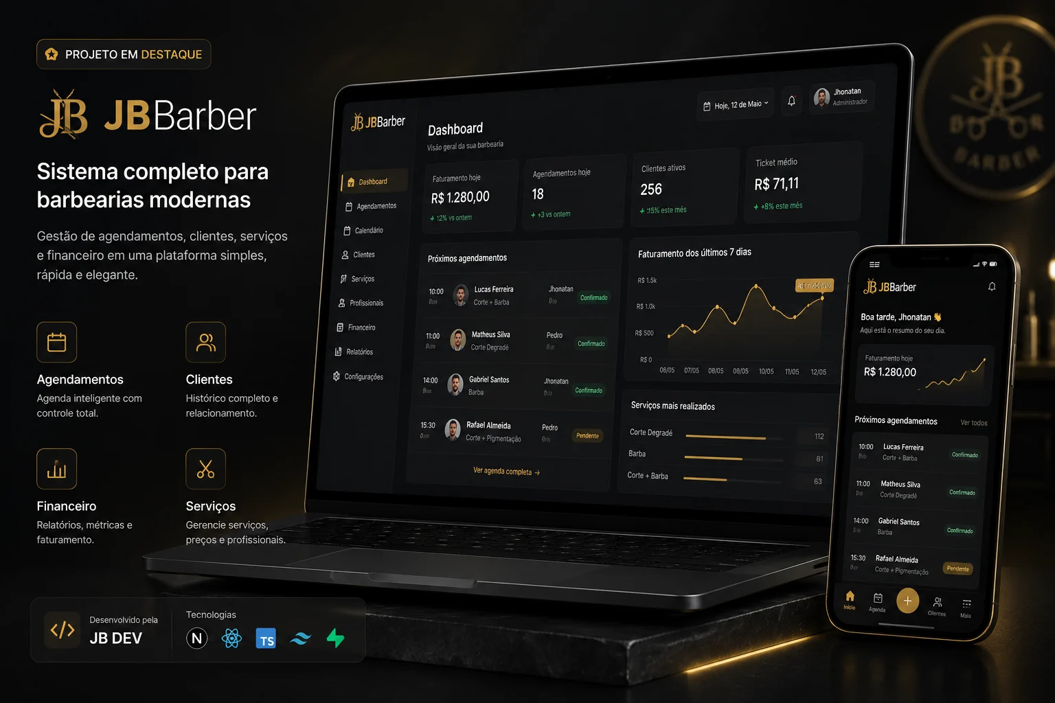 Apresentação responsiva do sistema JB Barber em notebook e celular