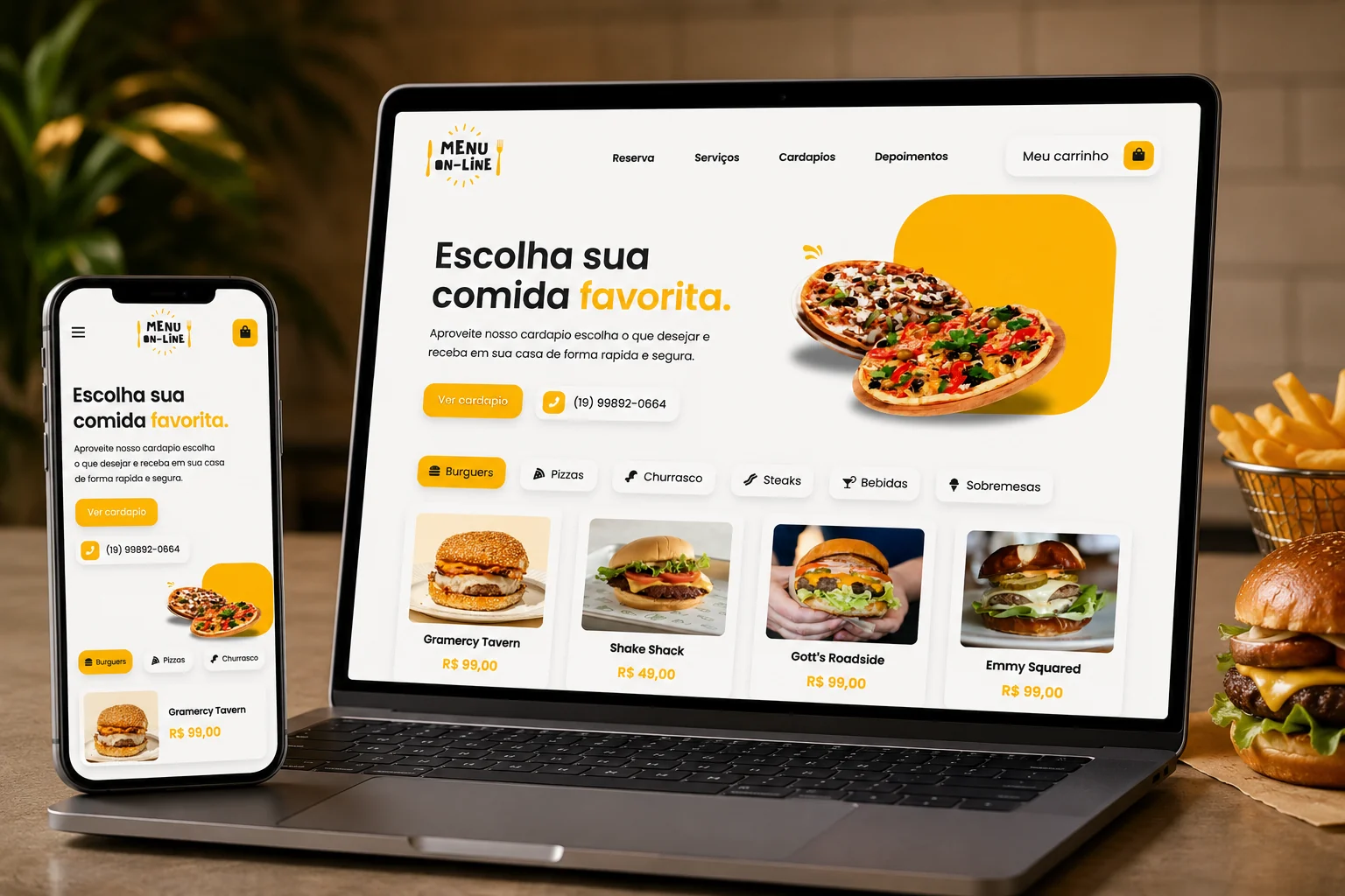 Apresentação responsiva do Menu Online em notebook e celular