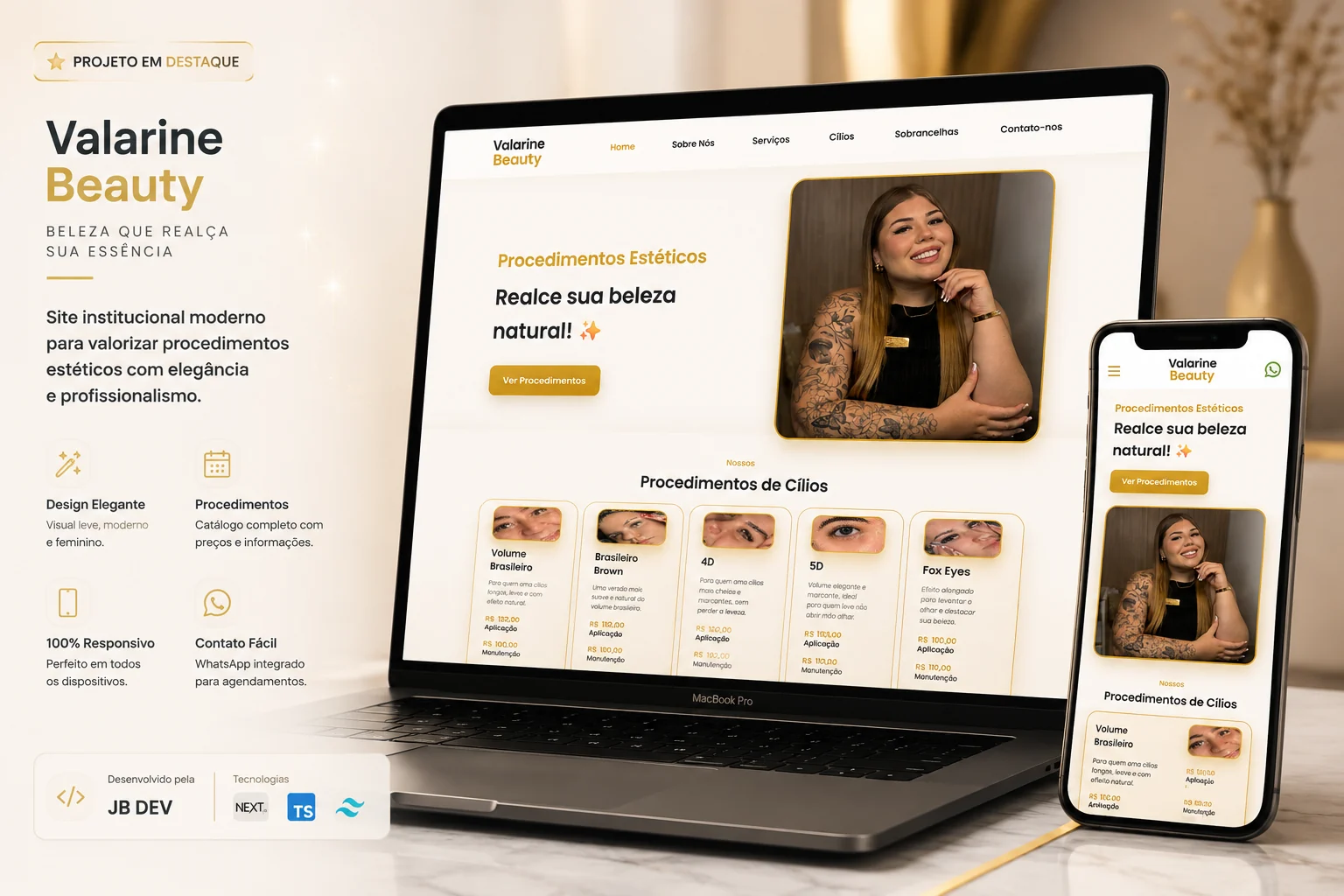 Apresentação responsiva do site Valarine Beauty em notebook e celular