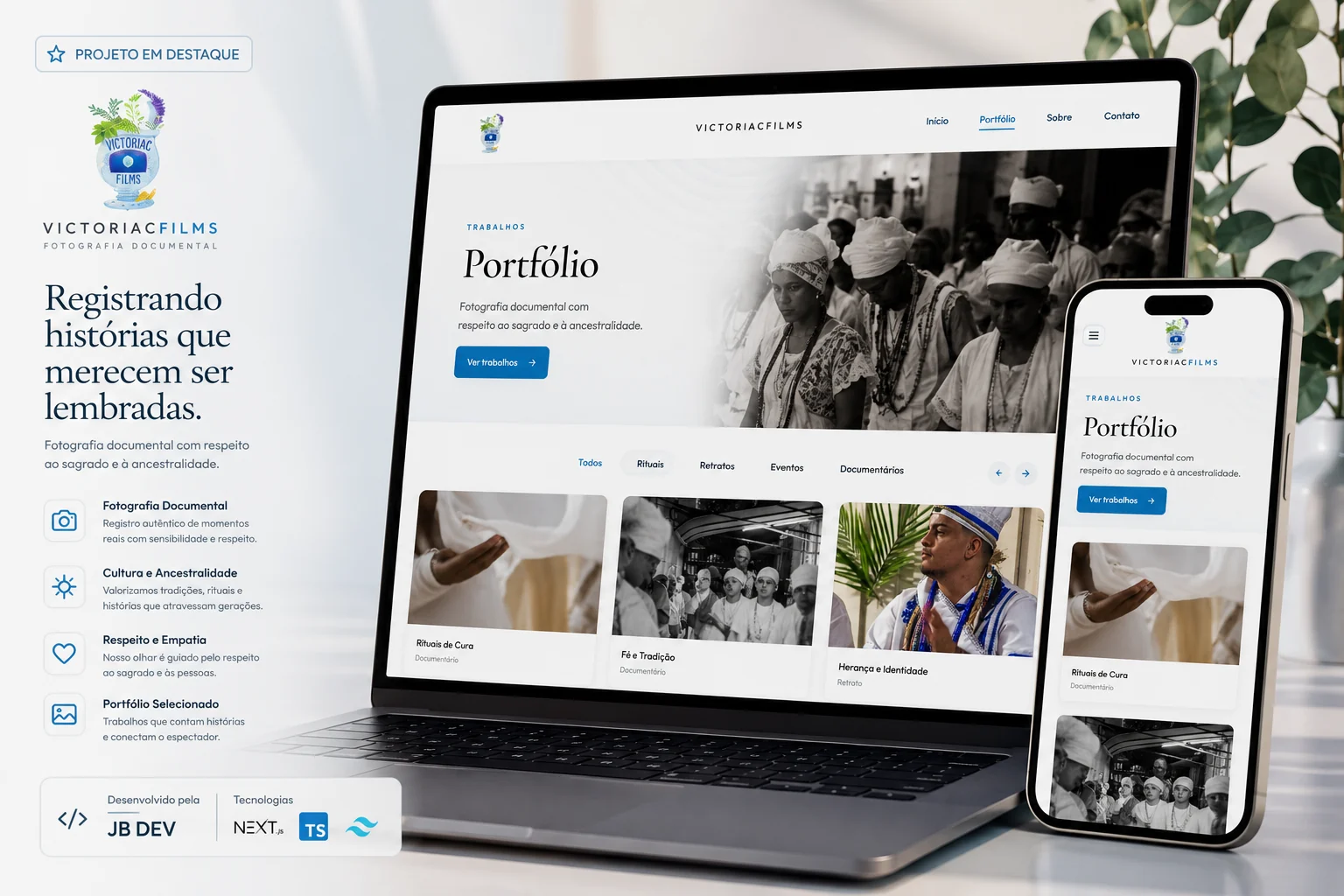 Apresentação responsiva do site Victoria Films em notebook e celular
